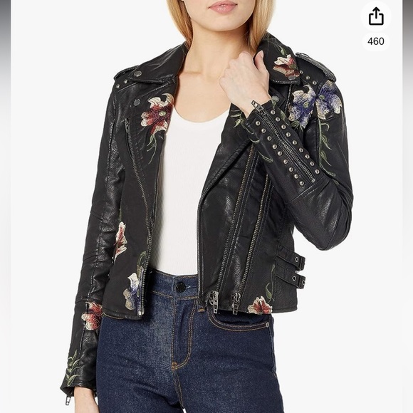 BLANK NYC BLACK VEGAN LEATHER “AS YOU WISH” MOTO JACKET WITH FLORAL EMBROIDERY - Picture 1 of 12